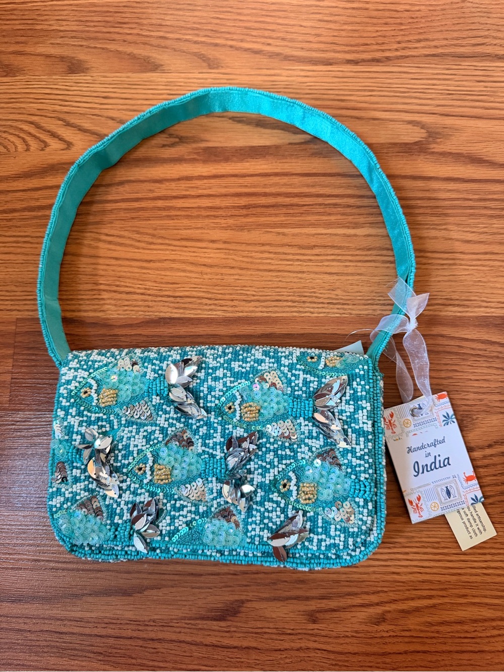 Turquoise beaded fish shoulder handbag sparkling silver fish handcrafted NWT